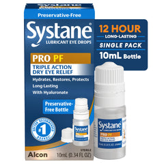 Systane Pro PF eye drops bottle closeup for soothing, long-lasting relief.
