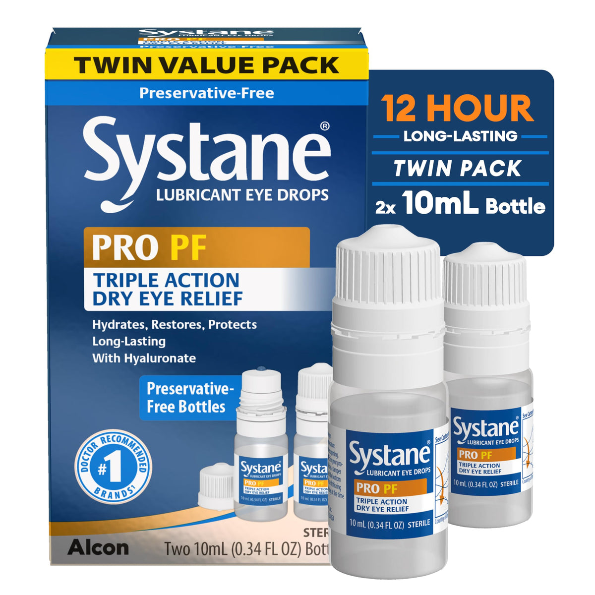 Systane Pro PF bottle with dropper ready for on-the-go eye lubrication.