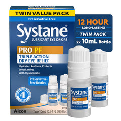 Systane Pro PF bottle with dropper ready for on-the-go eye lubrication.