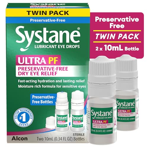Systane Ultra bottle close-up highlighting multi-dose design for preservative-free use.