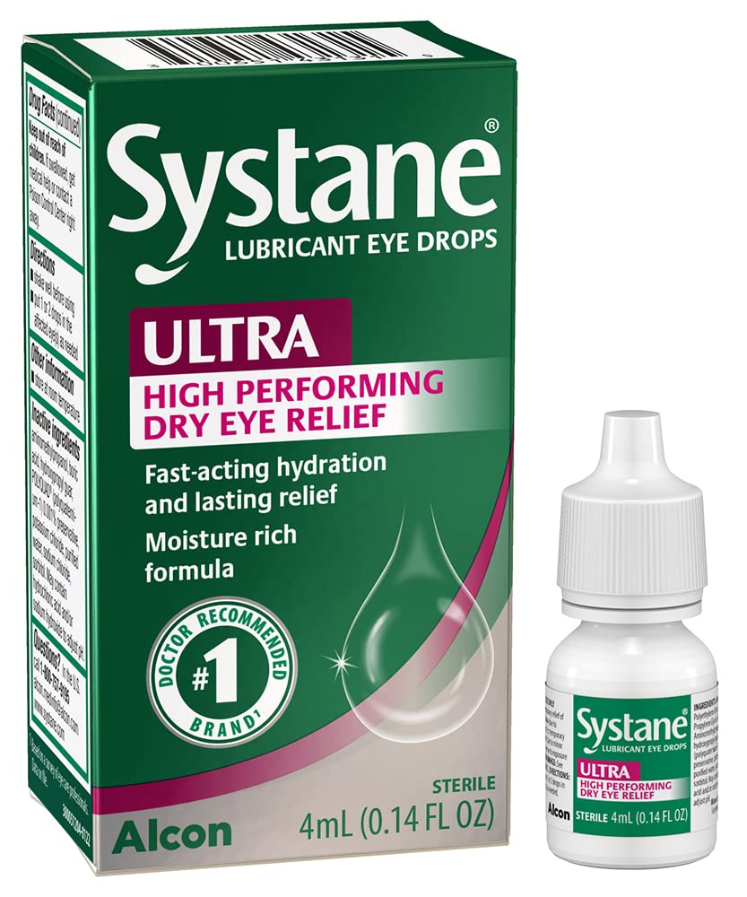 Systane Ultra bottle close-up showing extended protection for dry eye relief.