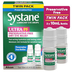 Systane Ultra bottle close-up highlighting multi-dose design for preservative-free use.