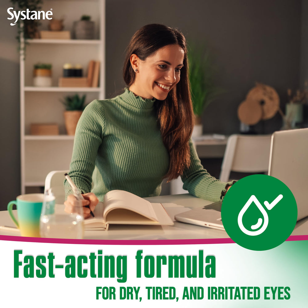 A user applying Systane Ultra drops during a busy workday.