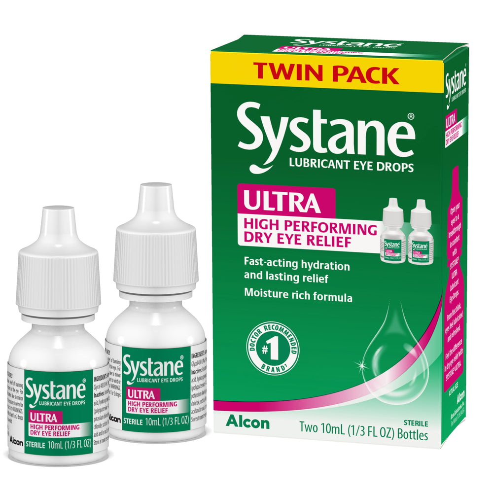 Systane Ultra eye drops bottle pour for immediate moisture on the go.