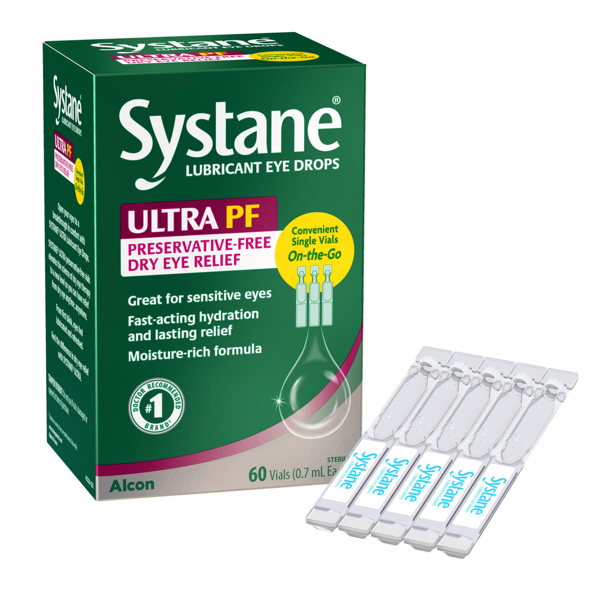 Systane Ultra lubricant eye drops bottle close-up for extended moisture relief.