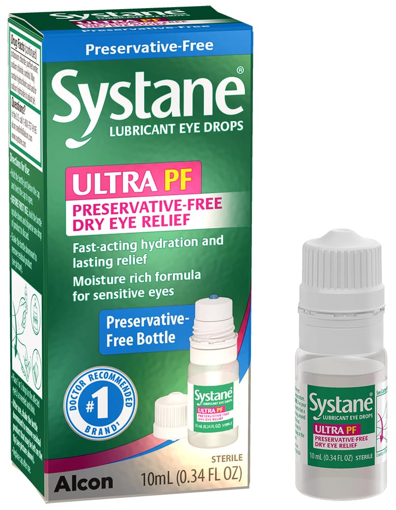 Systane Ultra PF eye drops bottle highlighting preservative-free formula for dry eye relief