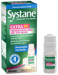Systane Ultra PF eye drops bottle highlighting preservative-free formula for dry eye relief