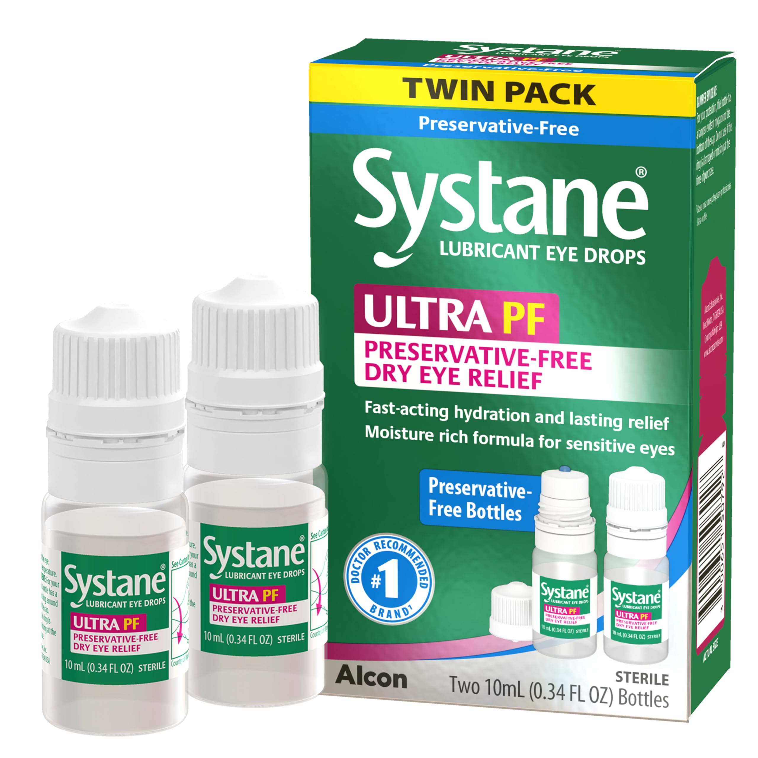 Systane Ultra Twin Pack 2x10ml bottles shown for dry eye relief.