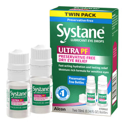 Systane Ultra Twin Pack 2x10ml bottles shown for dry eye relief.