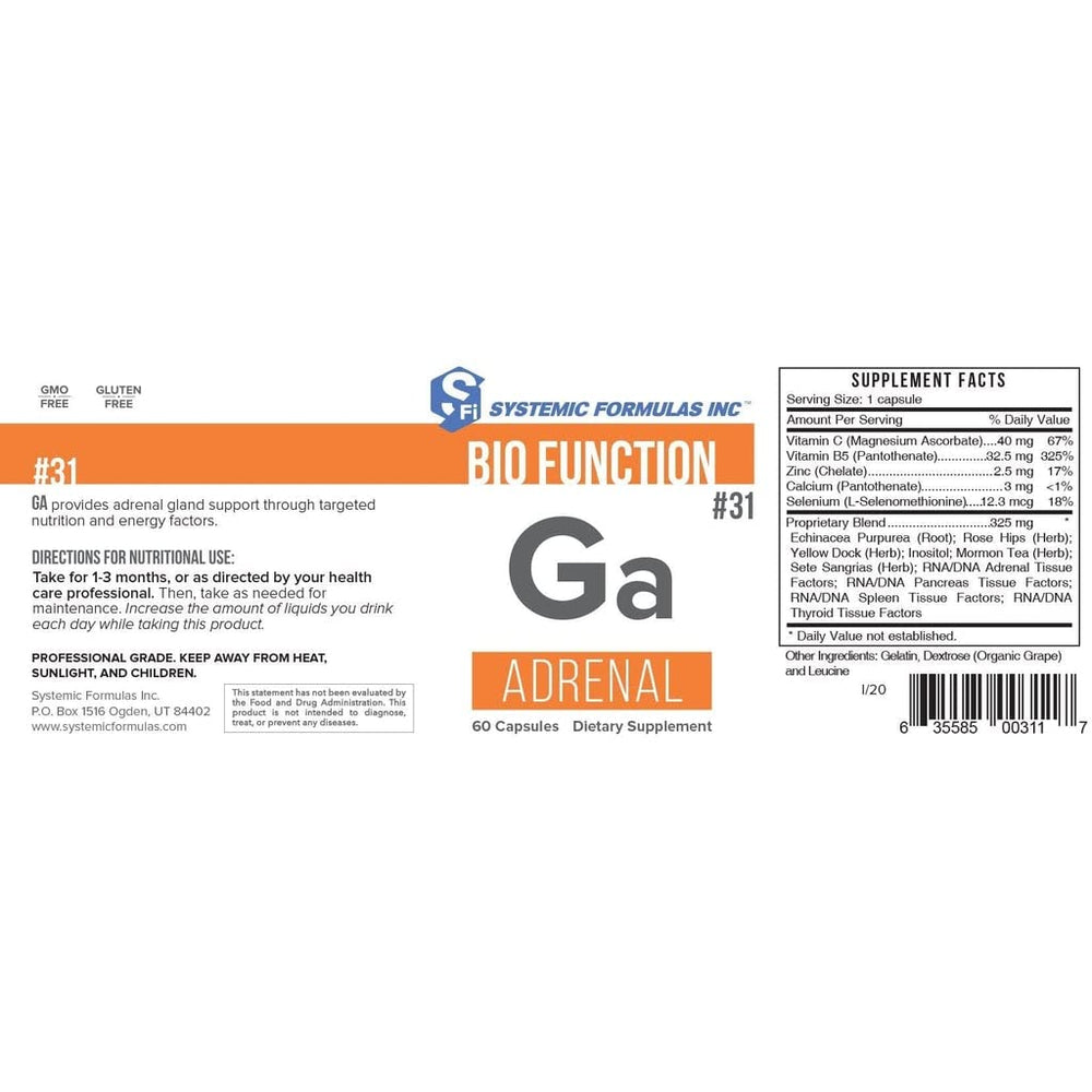 Systemic Formulas Ga Adrenal label close-up highlighting pH balance and adrenal support.