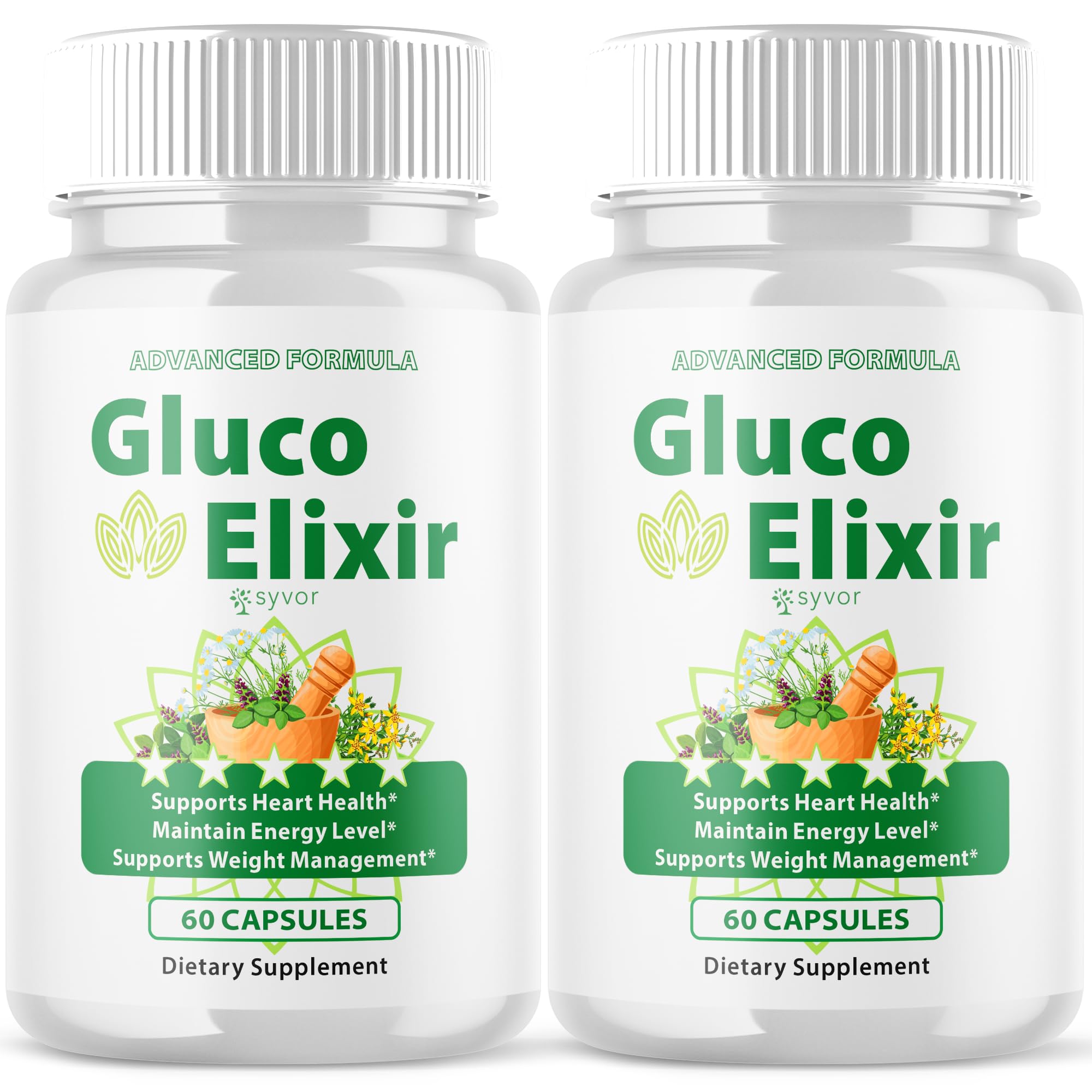 Syvor Gluco Elixir bottle 2-pack for easy daily supplementation.