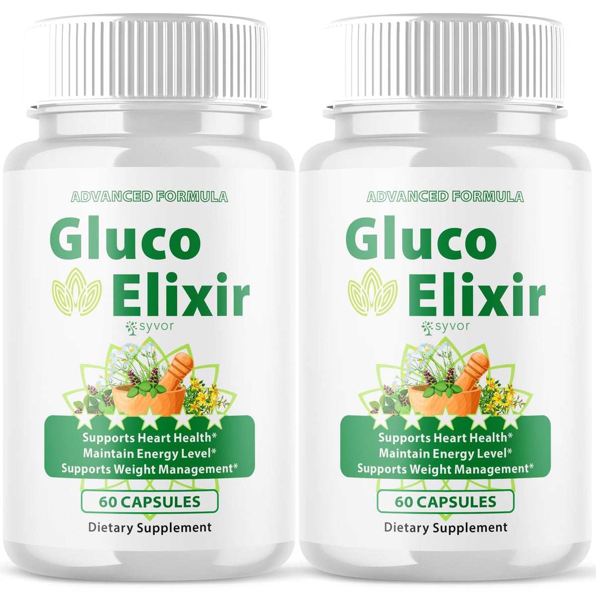 Syvor Gluco Elixir bottle 2-pack for easy daily supplementation.