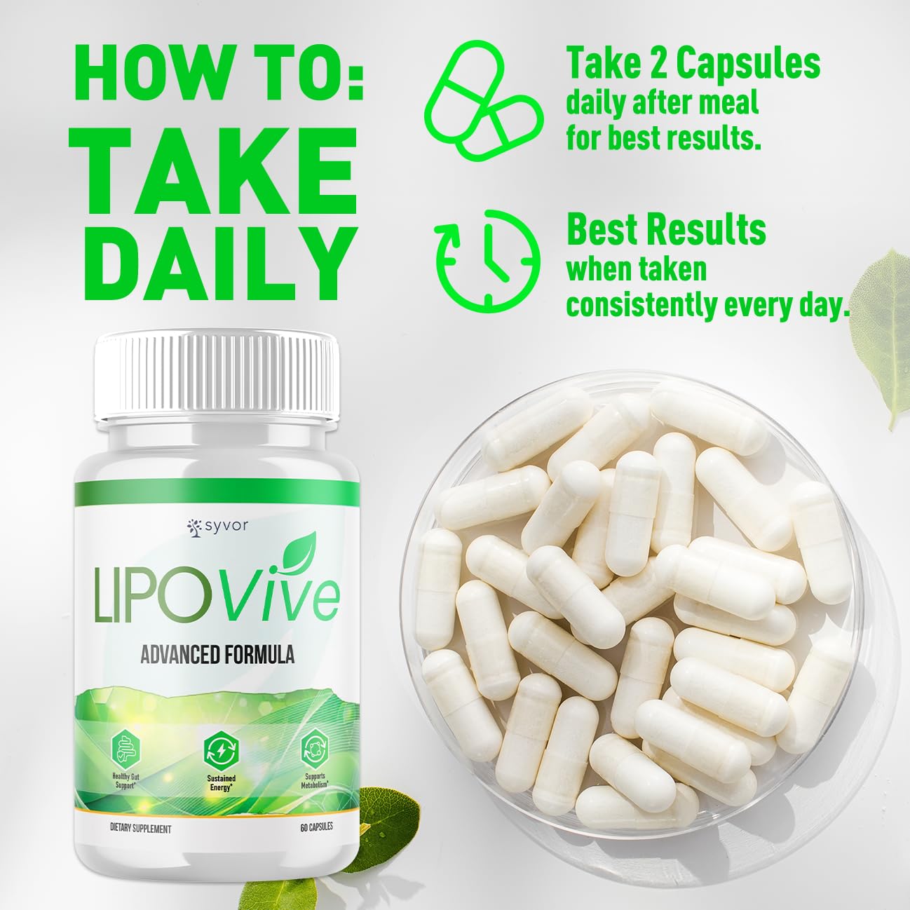 Syvor Lipovive serving table showing 30 servings per bottle for monthly use.