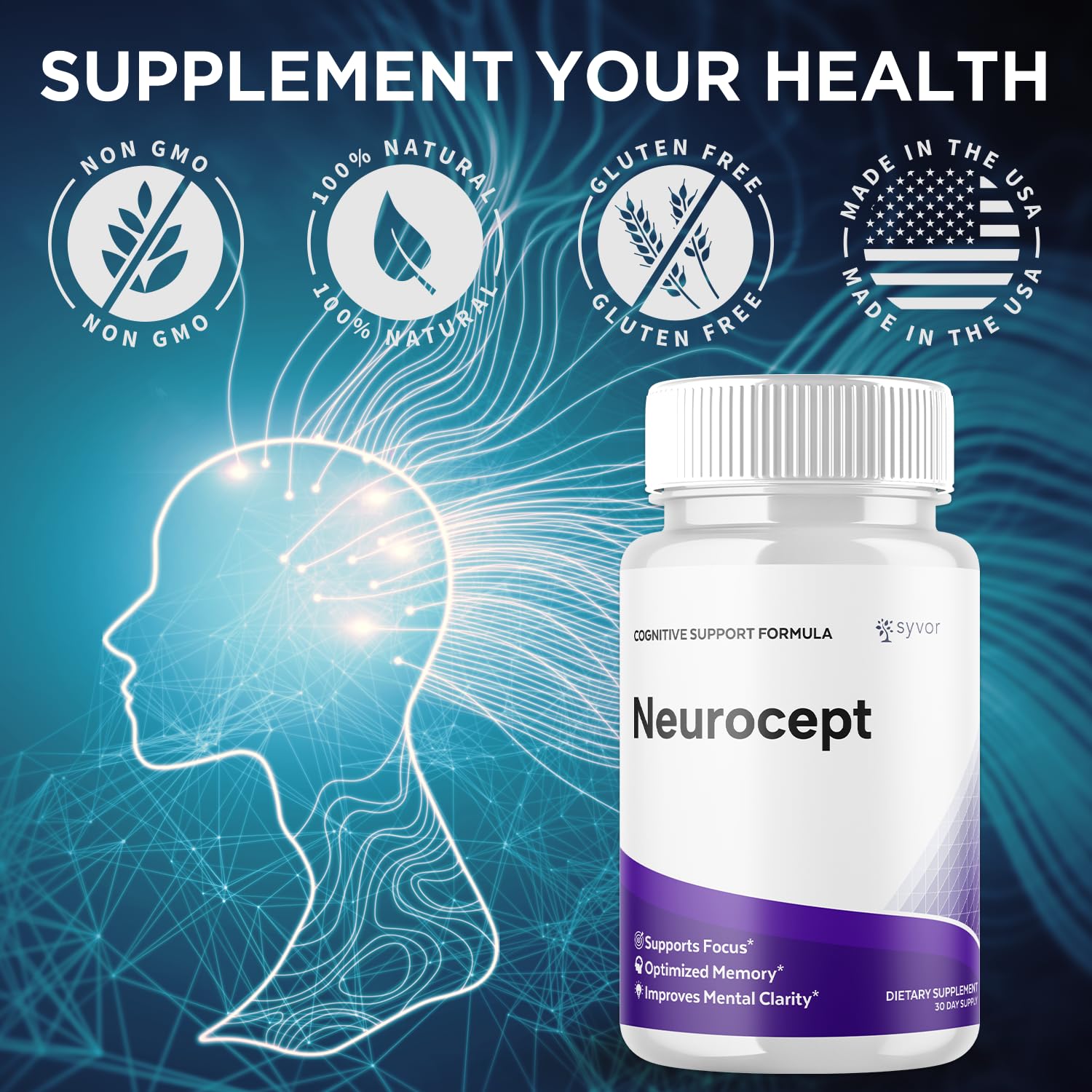 Syvor Neurocept bottle with glass highlighting premium natural ingredients for everyday vitality