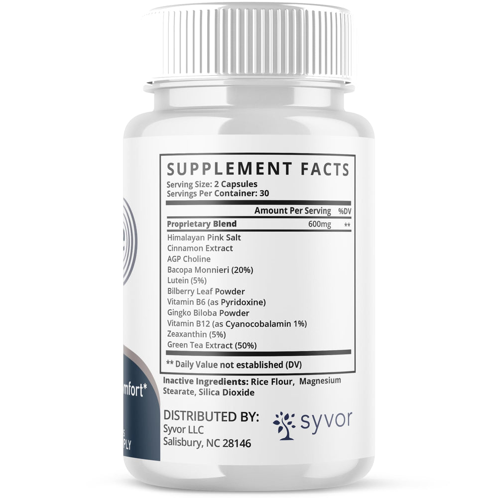 Syvor Neurosilence capsules ingredients panel highlights all-natural vitamins.
