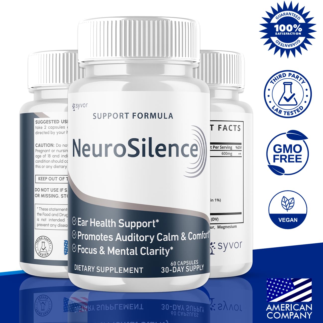 Syvor Neurosilence capsules closeup label shows quality ingredients for daily use.