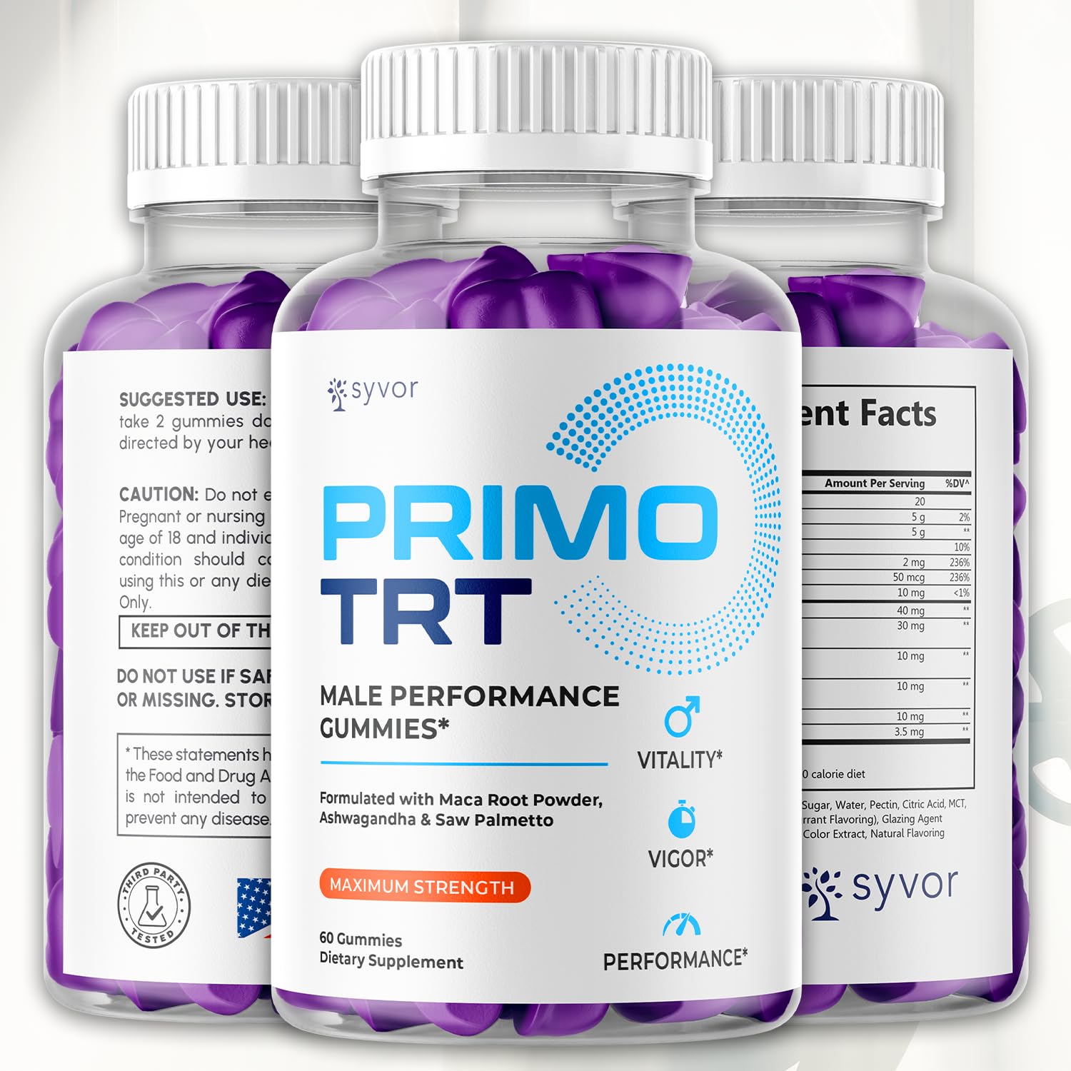 Syvor Primo TRT Gummies two-pack box side for convenient routine