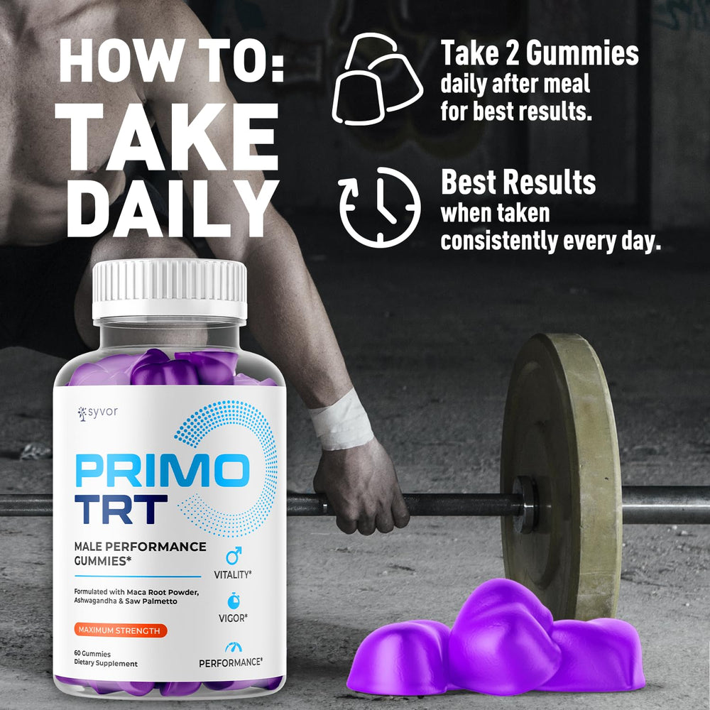 Syvor Primo TRT Gummies label close-up emphasizing premium wellness blend