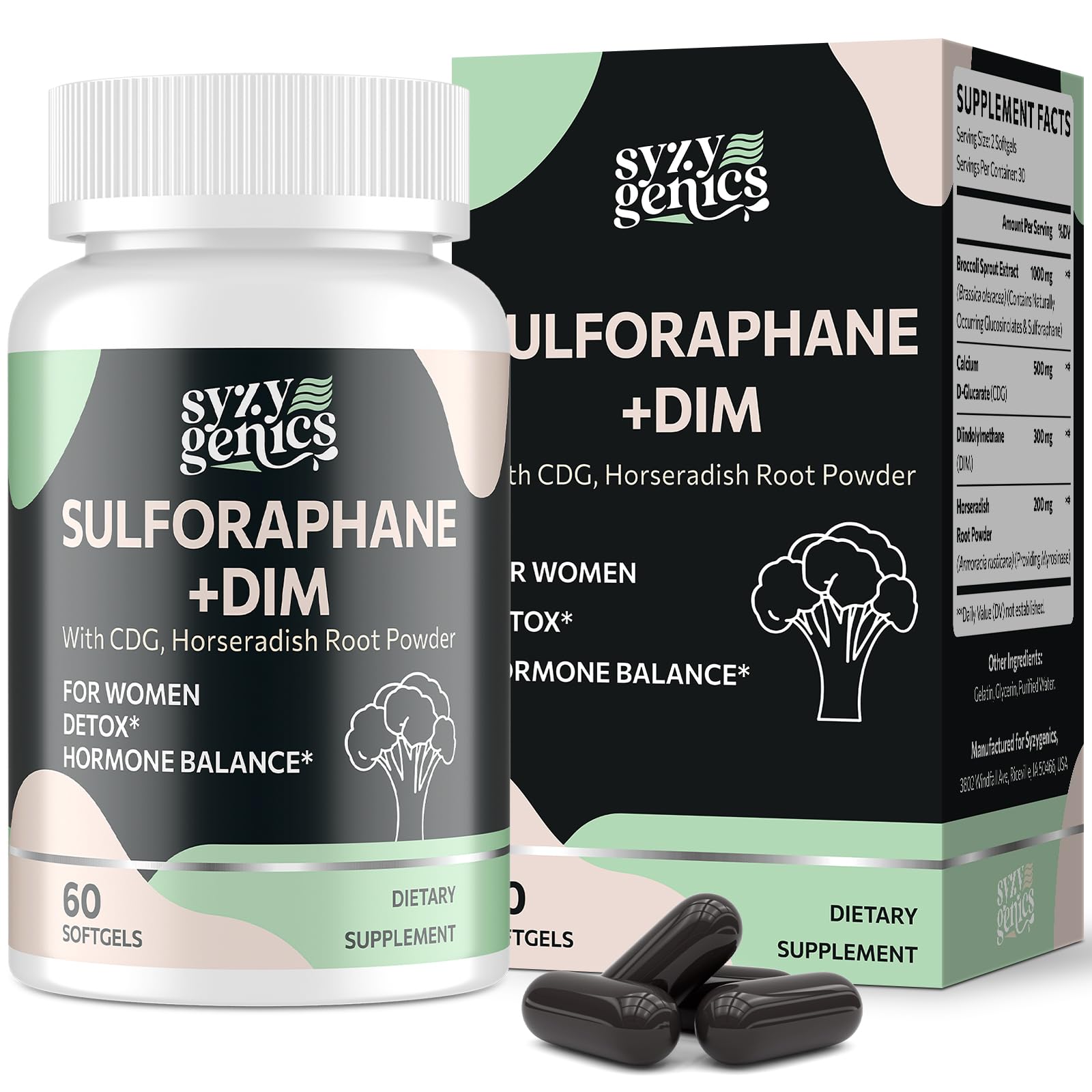 SYZY GENICS sulforaphane softgels bottle for daily wellness and antioxidant support.