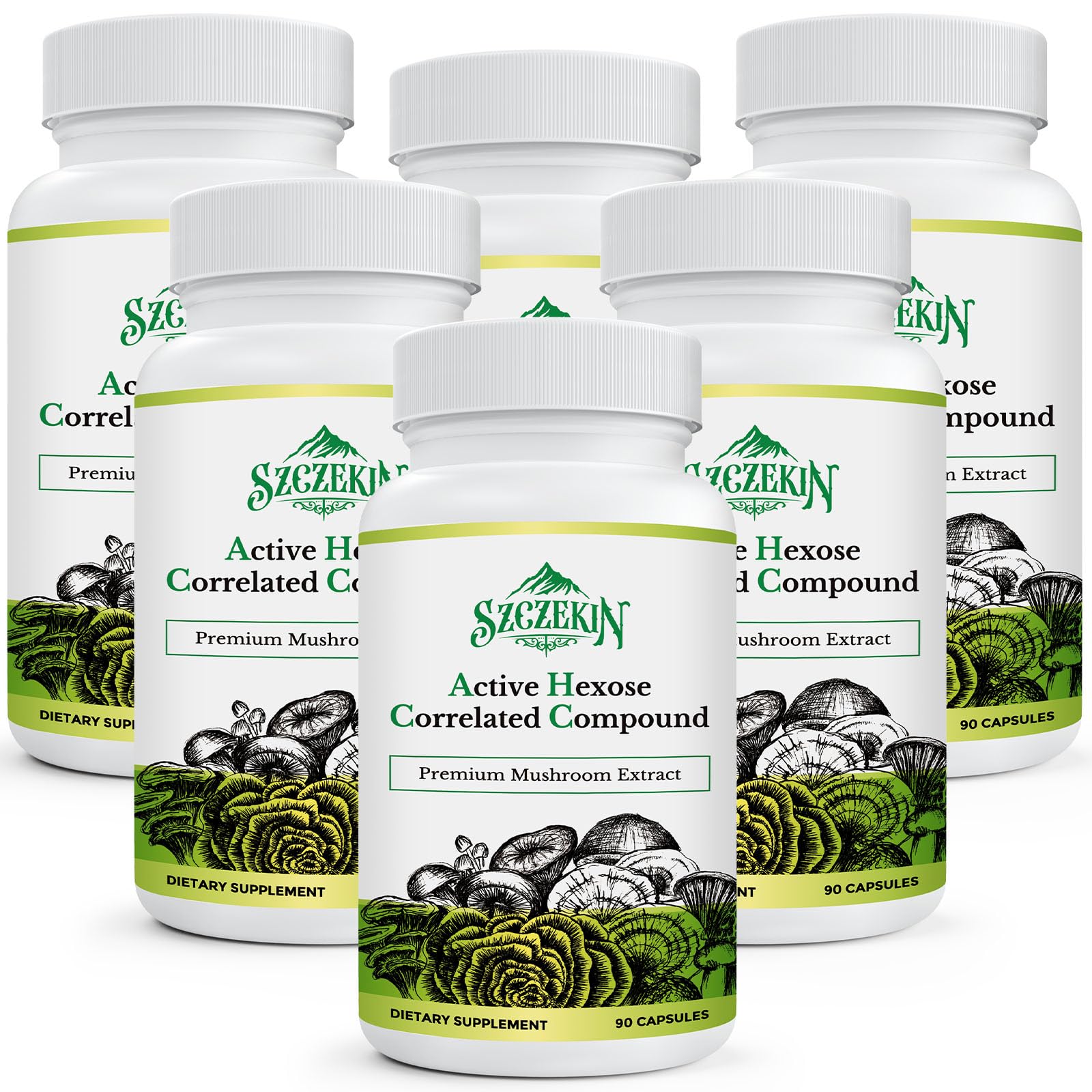 SZCZEKIN AHCC 1500mg bottle showing mushroom blend for immune support