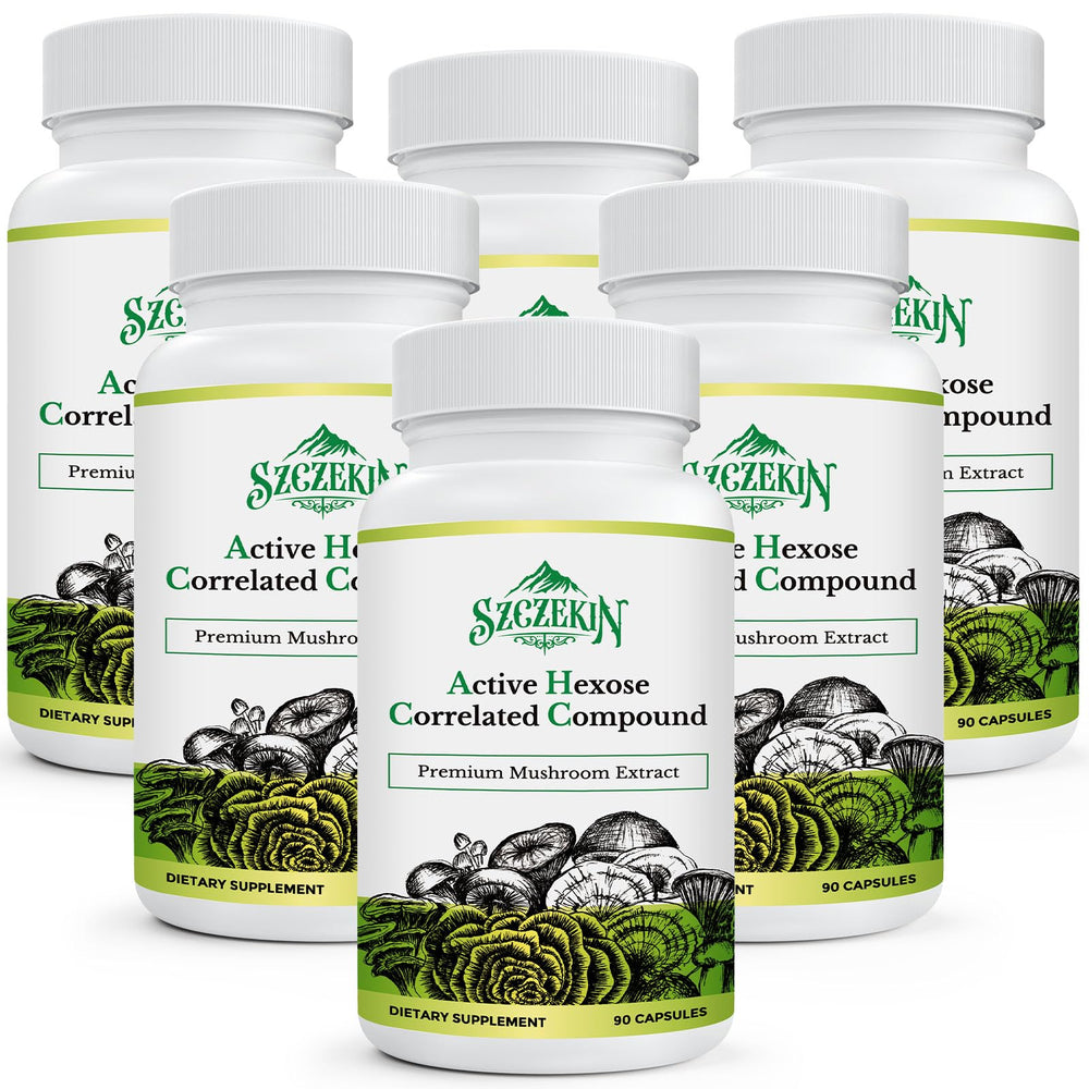 SZCZEKIN AHCC 1500mg bottle showing mushroom blend for immune support