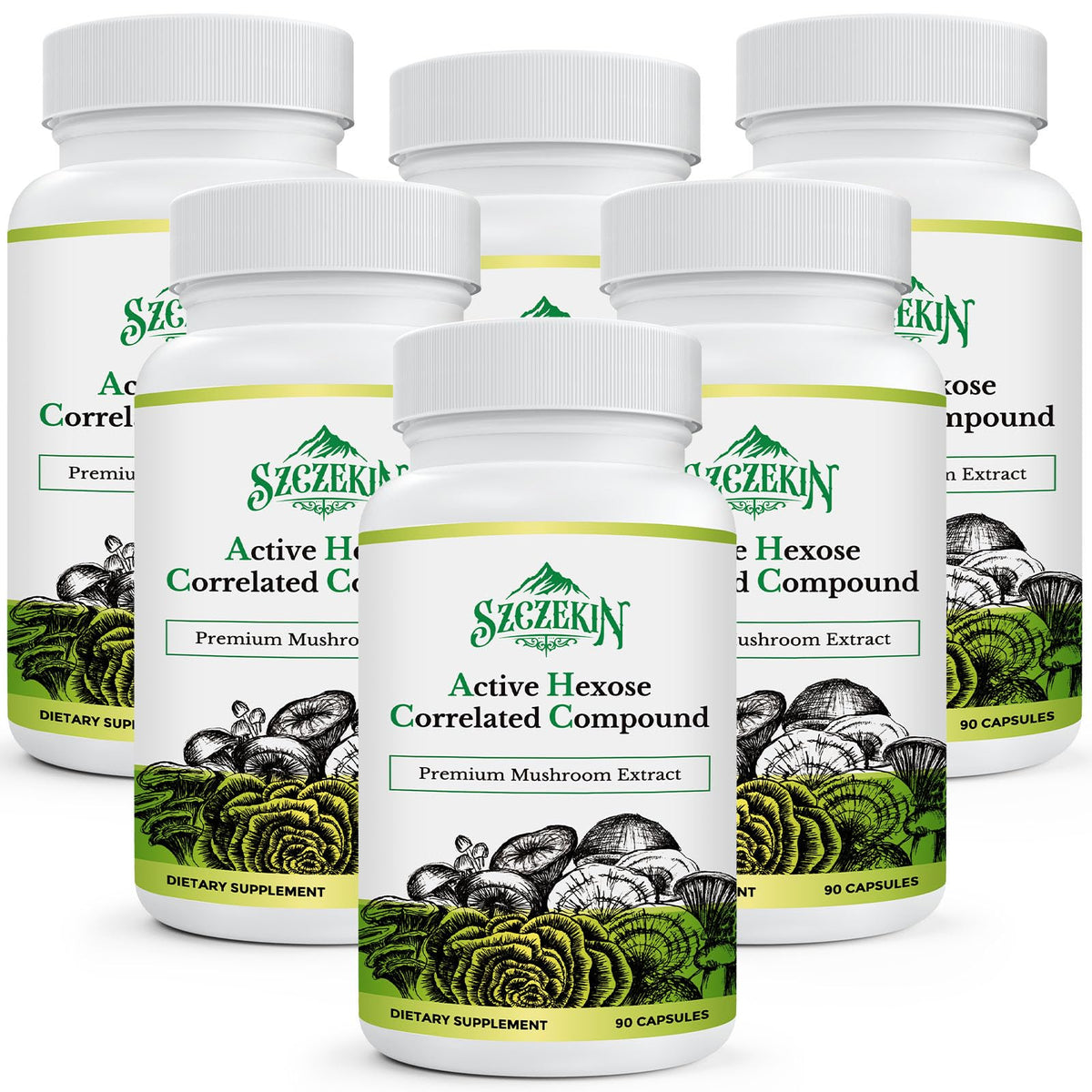SZCZEKIN AHCC 1500mg bottle showing mushroom blend for immune support