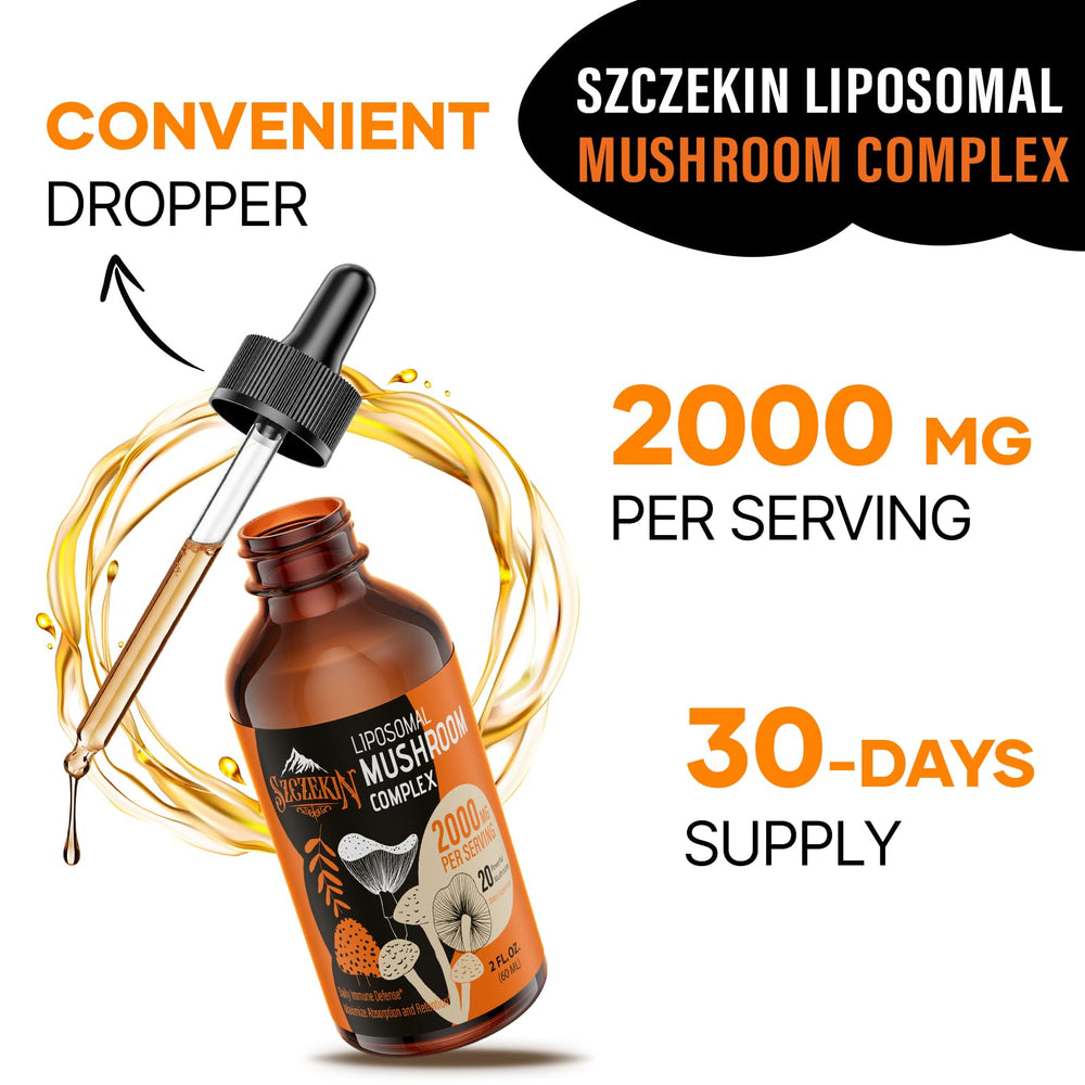 Szczekin liposomal mushroom blend close-up, highlighting the 20-extract formula for versatile wellness.