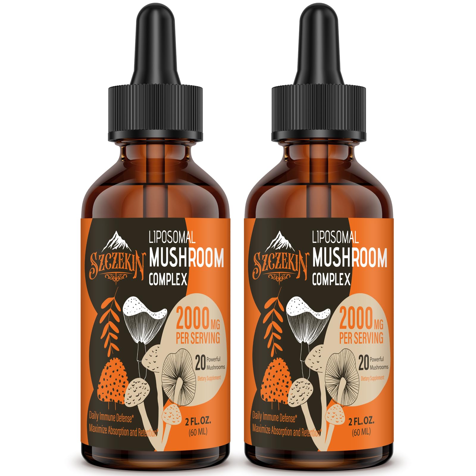 Szczekin Liposomal Mushroom Drops bottle on white background, signaling premium immune support.