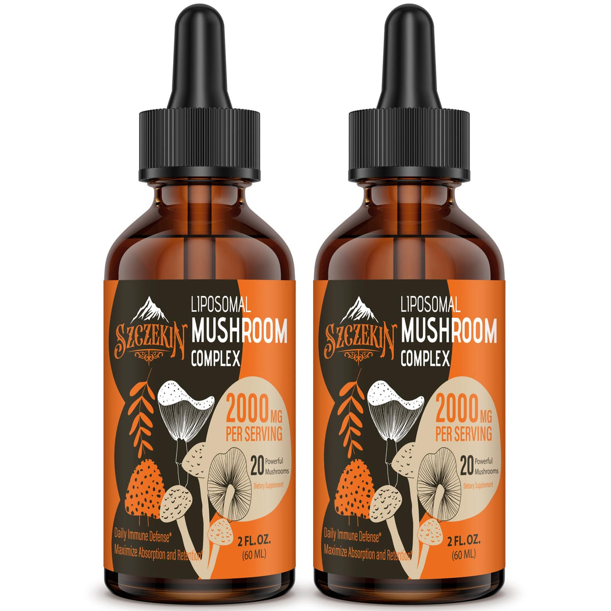 Szczekin Liposomal Mushroom Drops bottle on white background, signaling premium immune support.