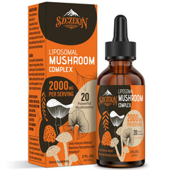 SZCZEKIN Liposomal Mushroom Drops bottle with droplets highlighting immune support.