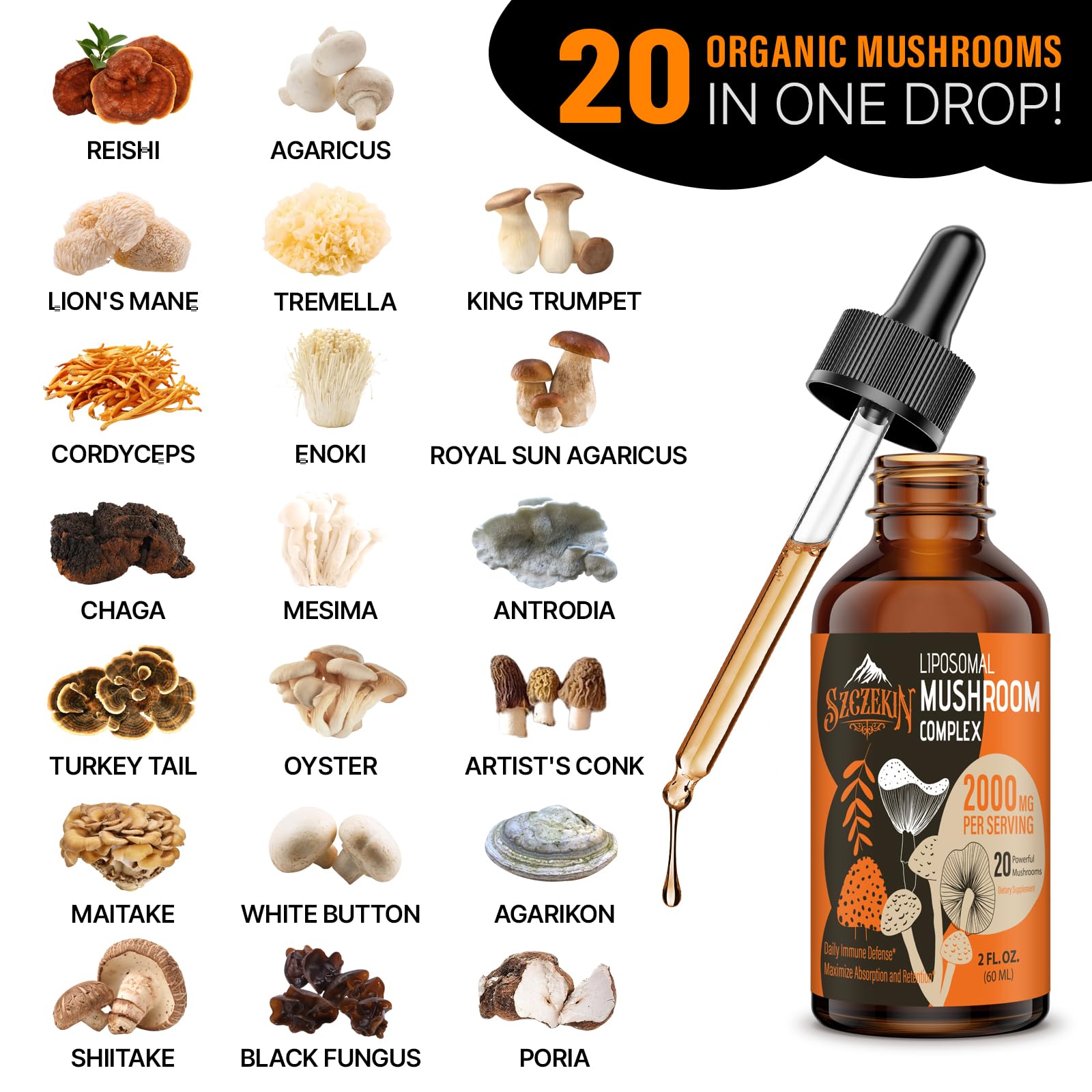 Ingredient list shows 20 mushroom extracts in Szczekin formula.