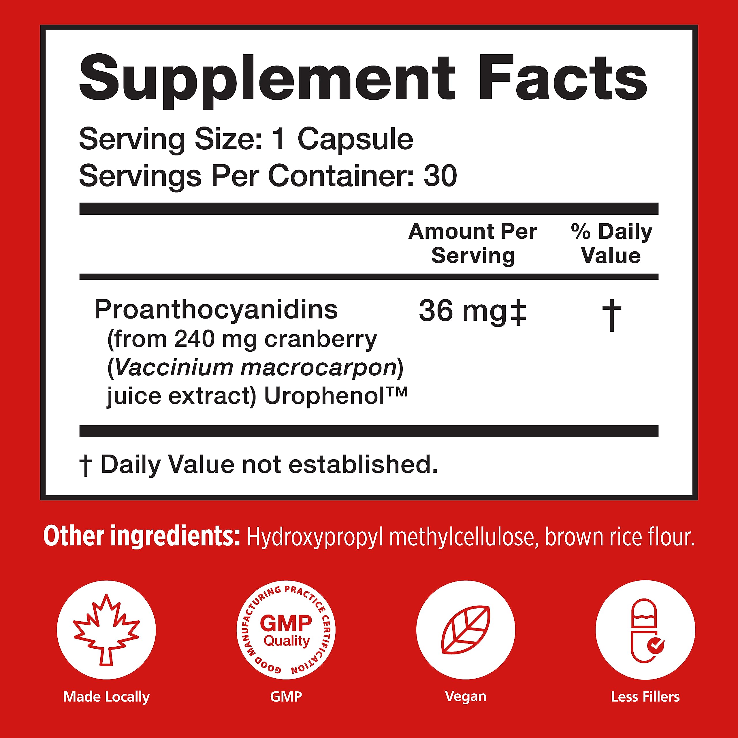 Szio+ Utiva cranberry label close-up emphasizes 36 mg PACs