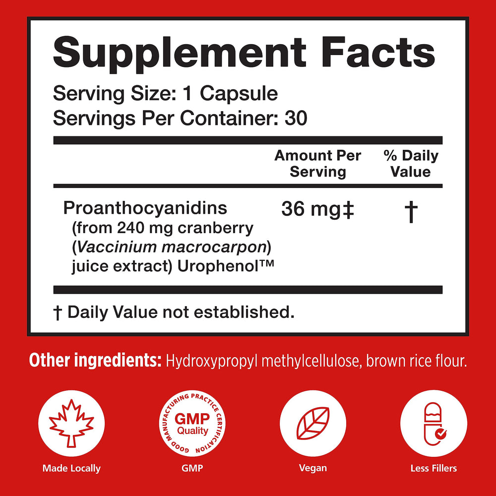 Szio+ Utiva cranberry label close-up emphasizes 36 mg PACs