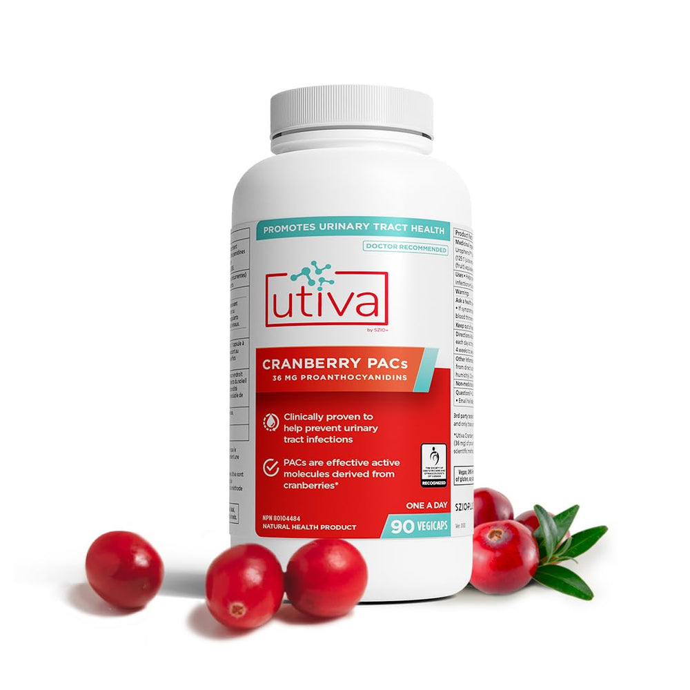 Szio+ Utiva Cranberry PACs bottle showing 36 mg PACs for urinary tract support.
