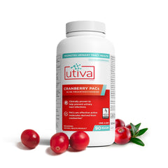 Szio+ Utiva Cranberry PACs bottle showing 36 mg PACs for urinary tract support.