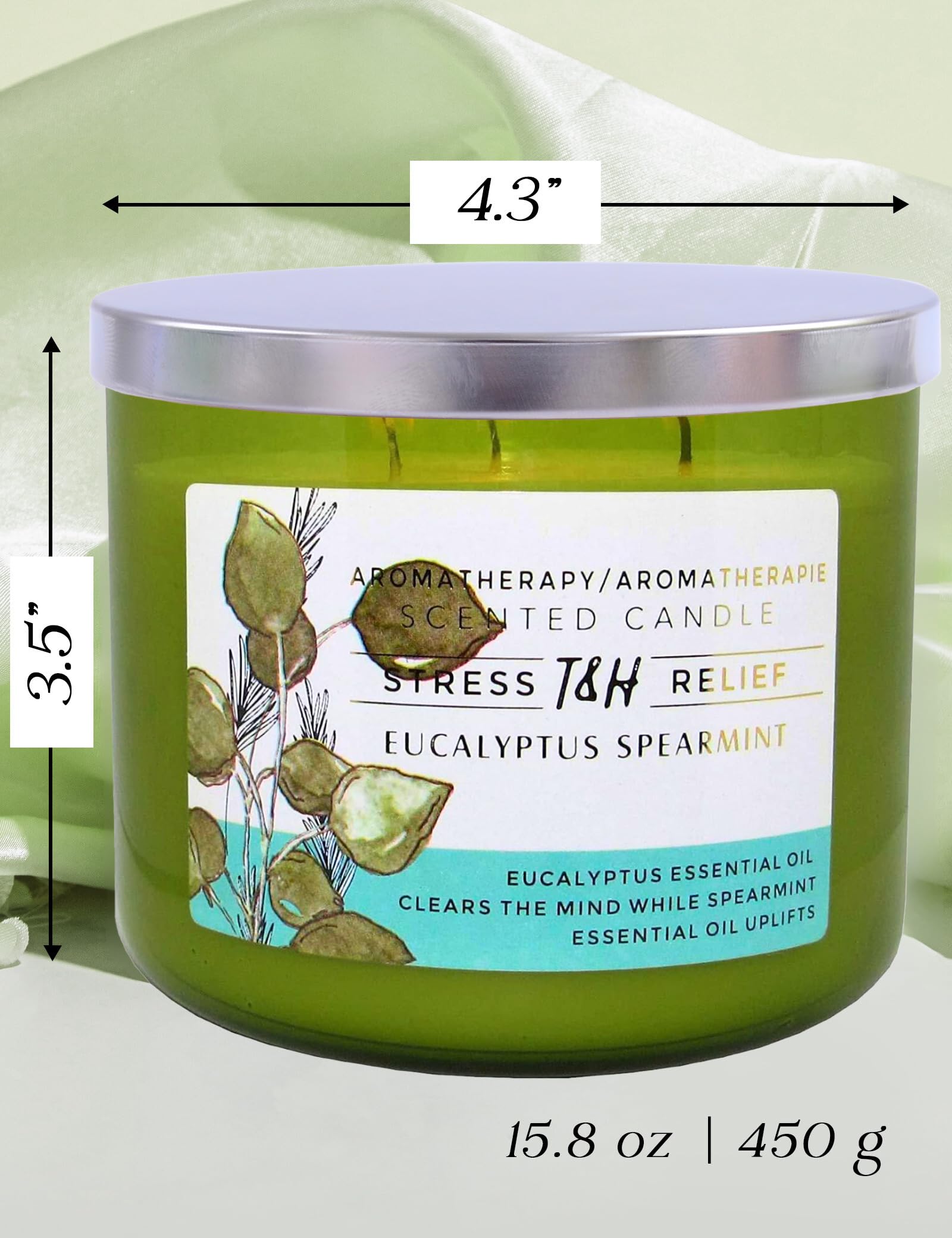 T&H Eucalyptus Spearmint candle with three cotton wicks for even burn