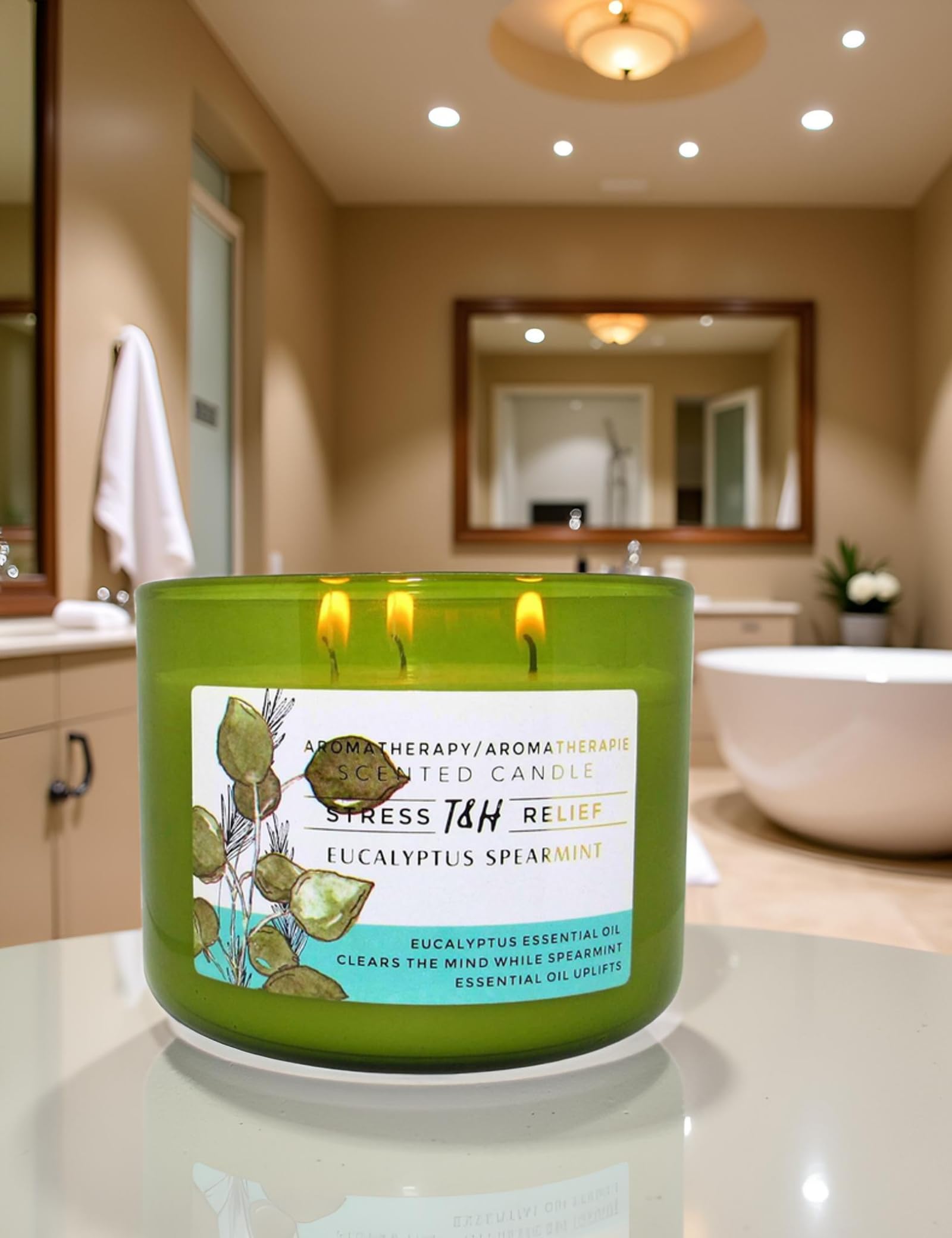 T&H Eucalyptus Spearmint candle glow producing a warm, uplifting light