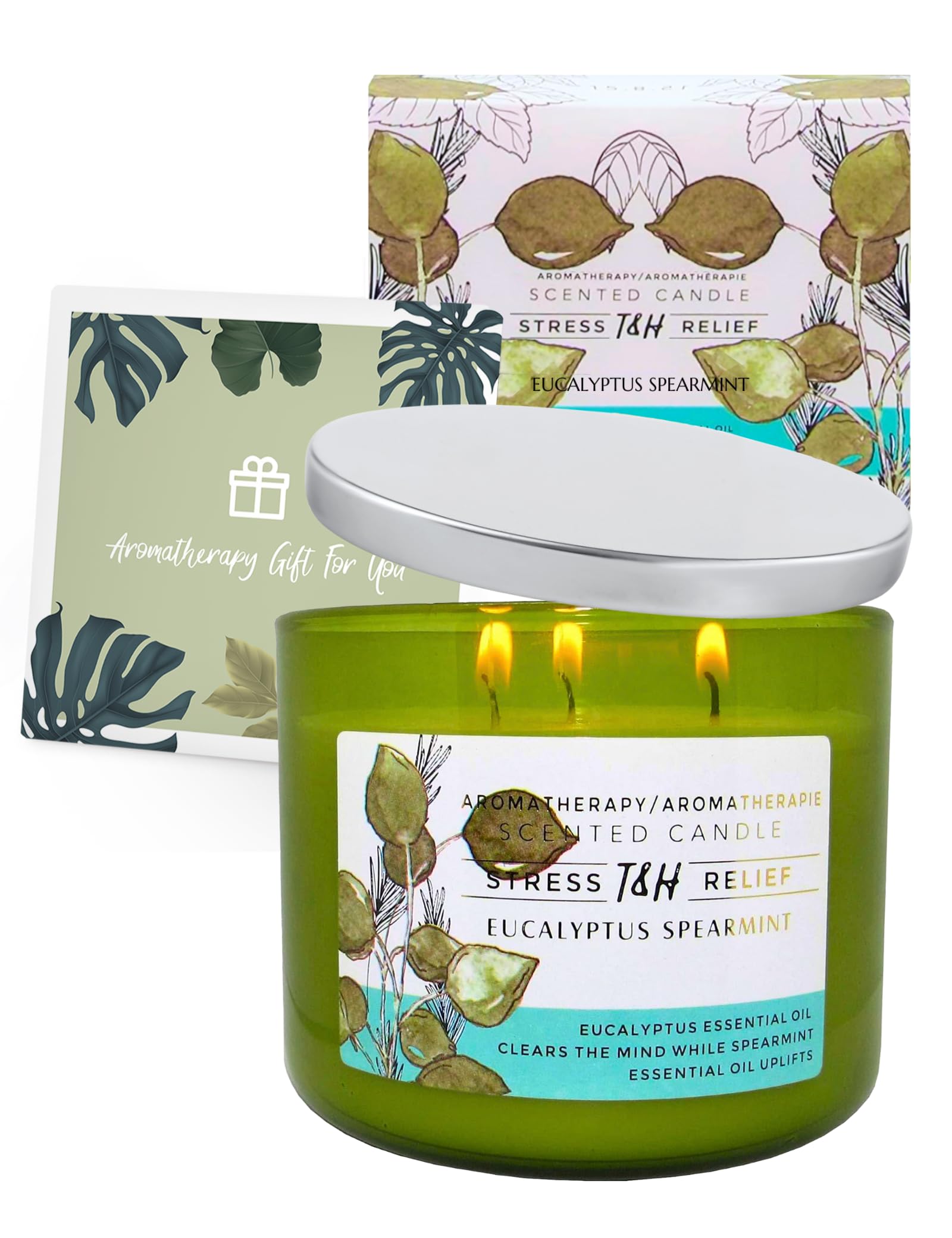 T&H Eucalyptus Spearmint candle lid and packaging, ready for gifting