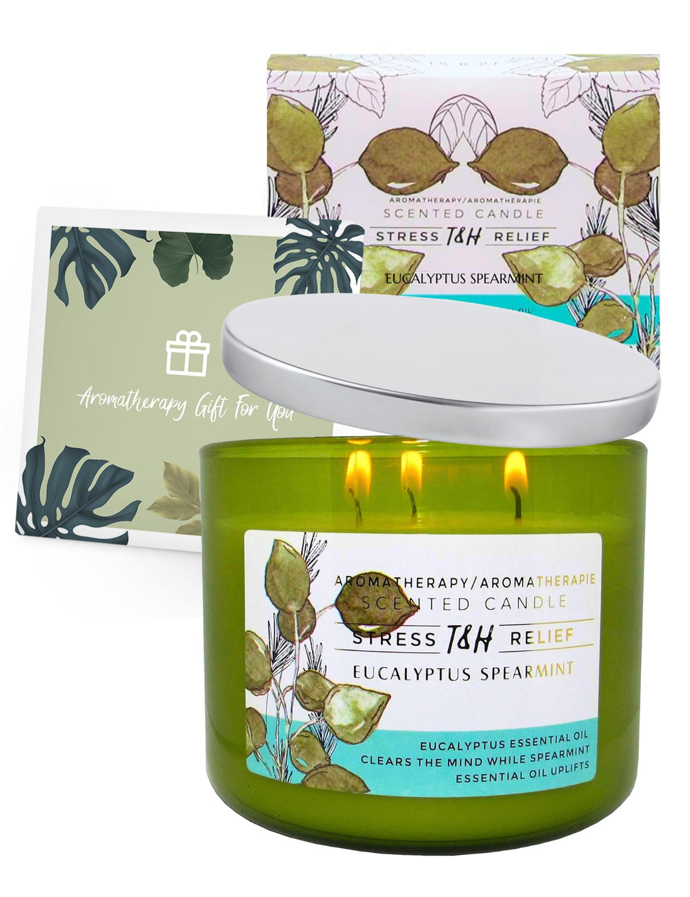 T&H Eucalyptus Spearmint candle lid and packaging, ready for gifting