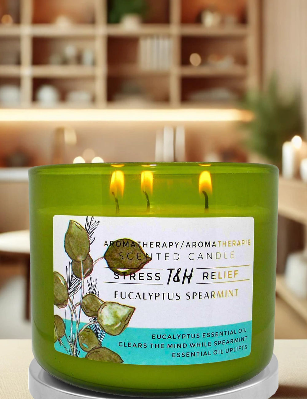 T&H Eucalyptus Spearmint candle in a cozy room ambiance setting