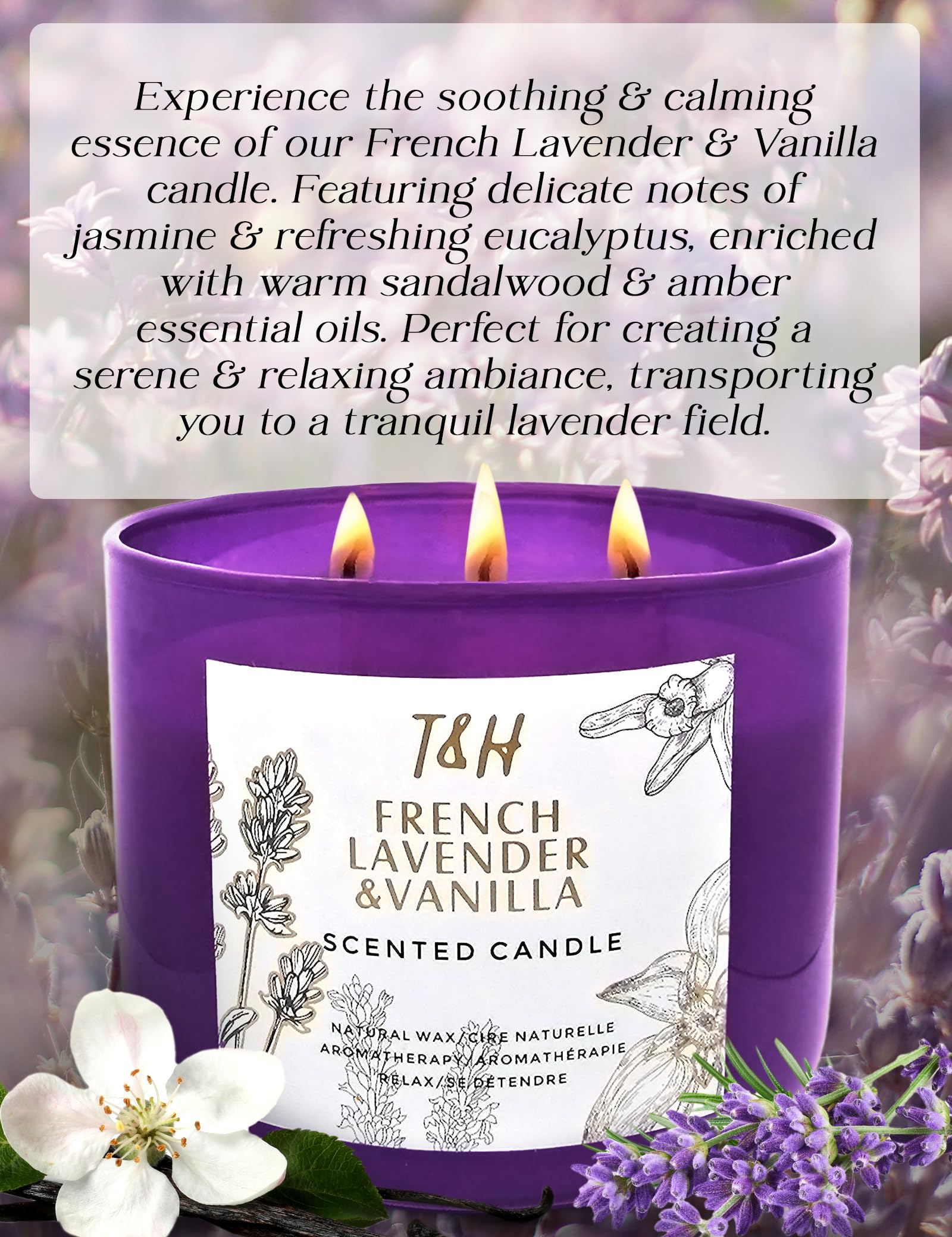 T&H Lavender Vanilla Candle 3-wick closeup shows even burn and rich fragrance.