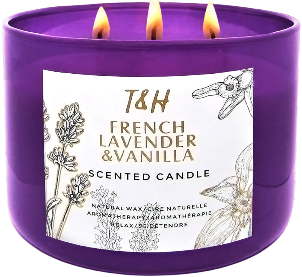 T&H Lavender Vanilla Candle in purple jar creates calming home ambiance.