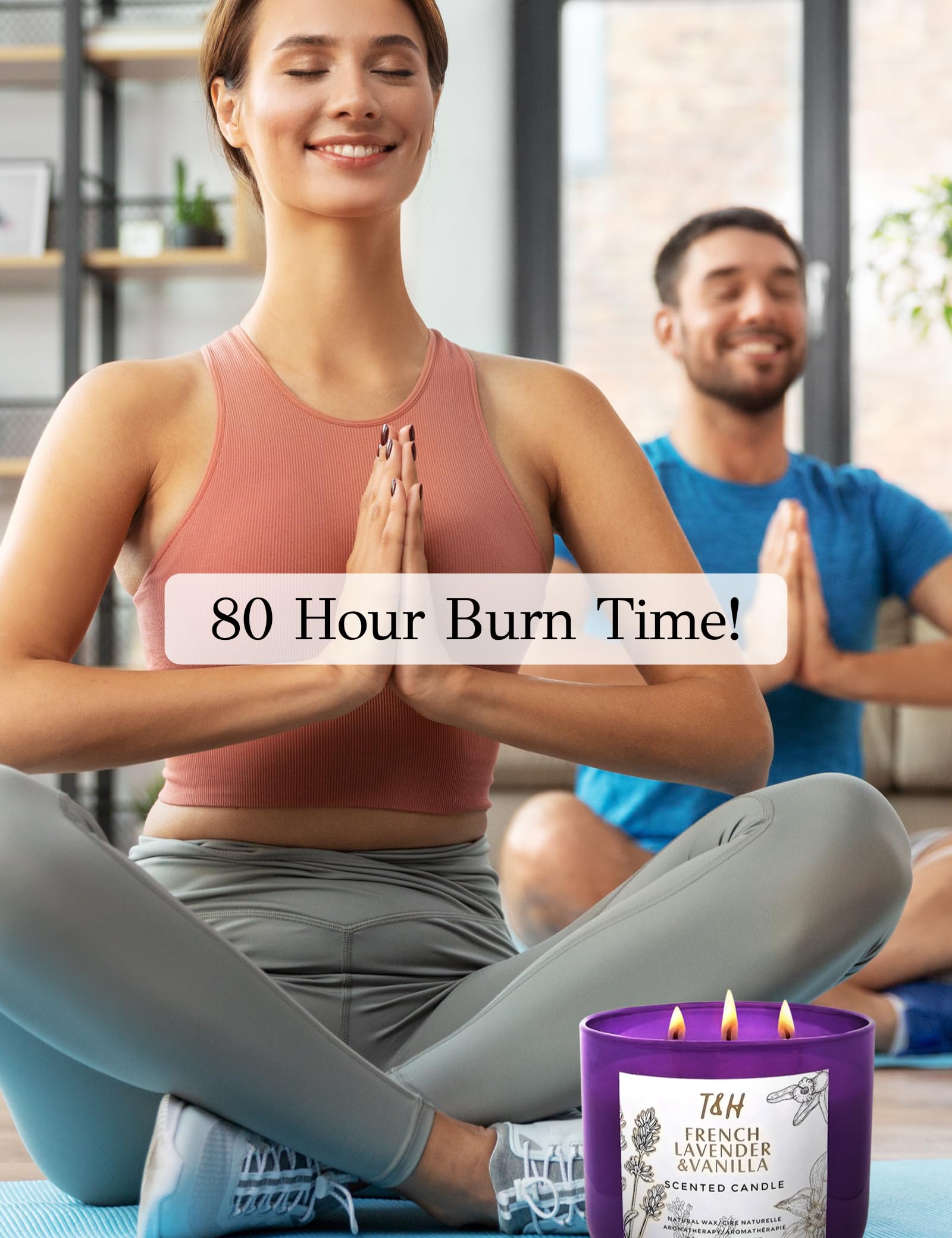 T&H Lavender Vanilla Candle lit in glass jar evokes cozy evening mood.