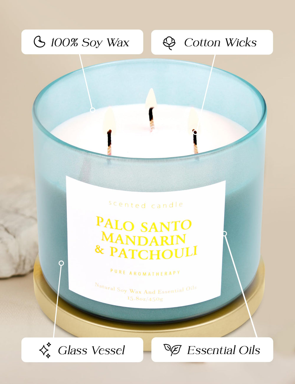 T&amp;H Palo Santo Mandarin Patchouli candle blue jar decor in a living space.