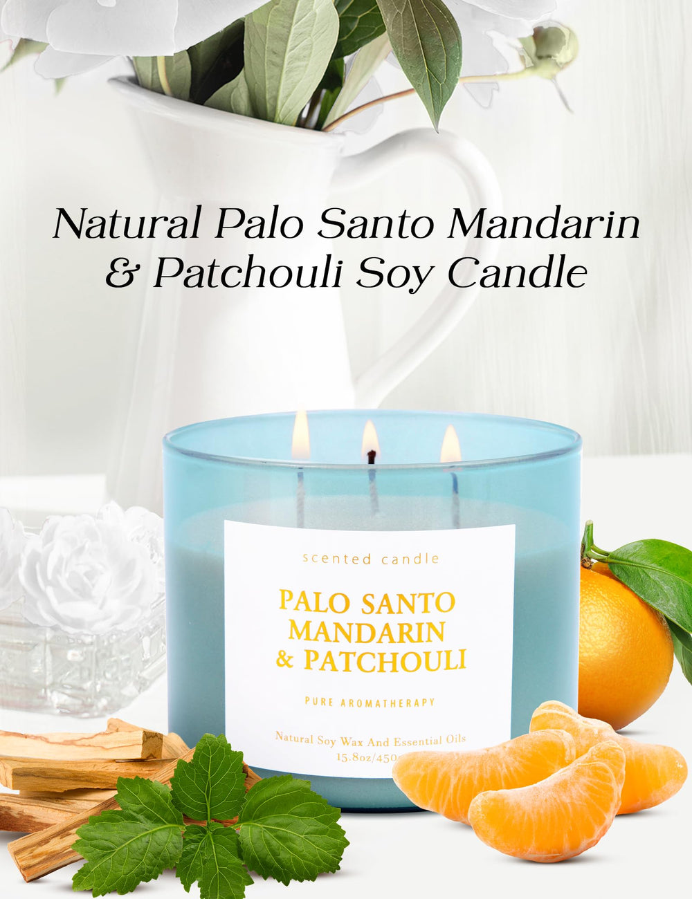 T&amp;H Palo Santo Mandarin Patchouli candle creates a calming aromatic atmosphere.