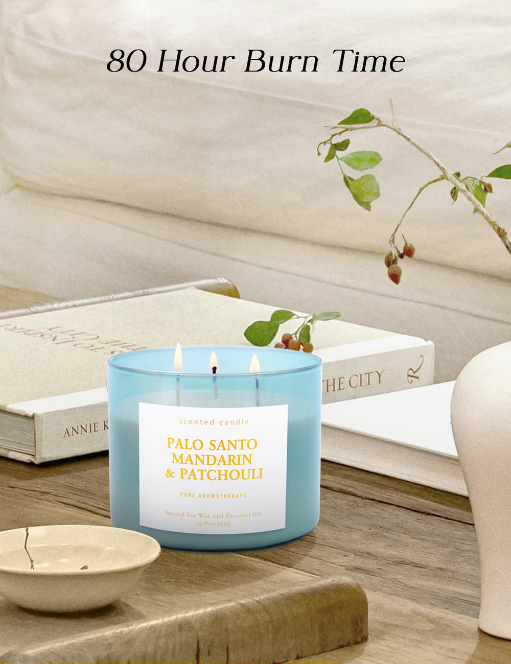 T&amp;H Palo Santo Mandarin Patchouli candle in a cozy meditation setup.