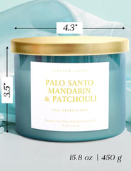 T&amp;H Palo Santo Mandarin Patchouli candle gift packaging with lid and card.