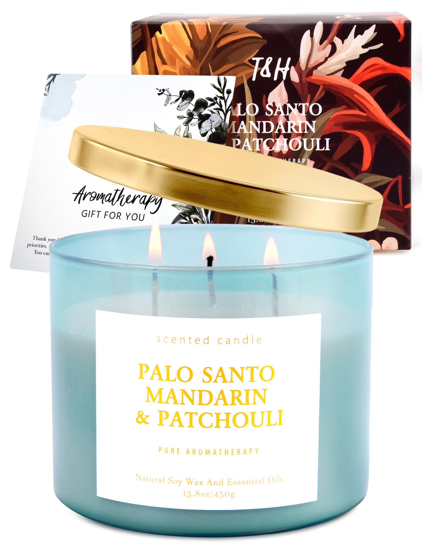 T&amp;H Palo Santo Mandarin Patchouli candle with soy wax offers clean burn.
