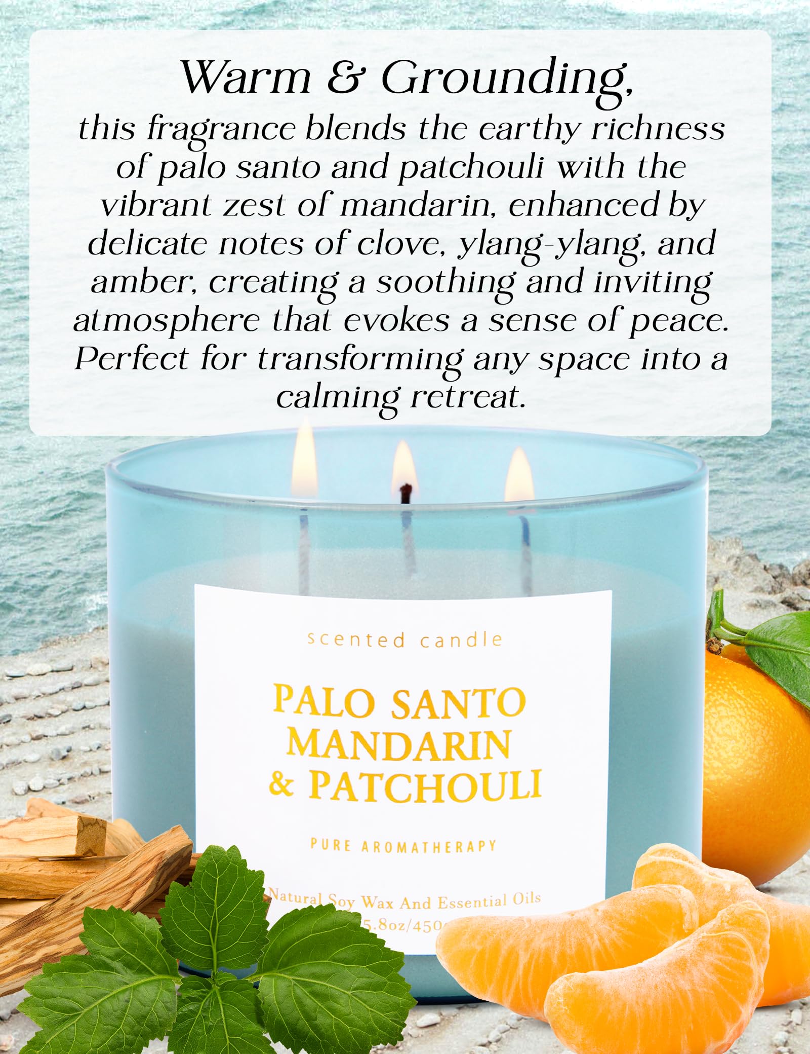 T&amp;H Palo Santo Mandarin Patchouli candle with three cotton wicks burning for balanced glow.