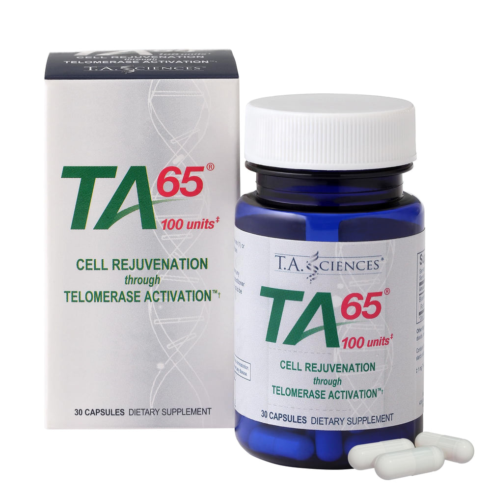 TA-65 MD bottle from T.A. Sciences supports cellular vitality through telomerase activation.